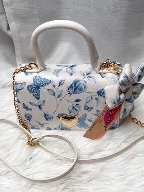 Betsey Johnson Blue Floral Butterfly Bow Mini Top Handle Crossbody Bag